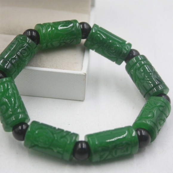 Natural Grade A Jade (jadeite) Green Coin Tube Big Bead Knitted Bracelet - Picture 2 of 5